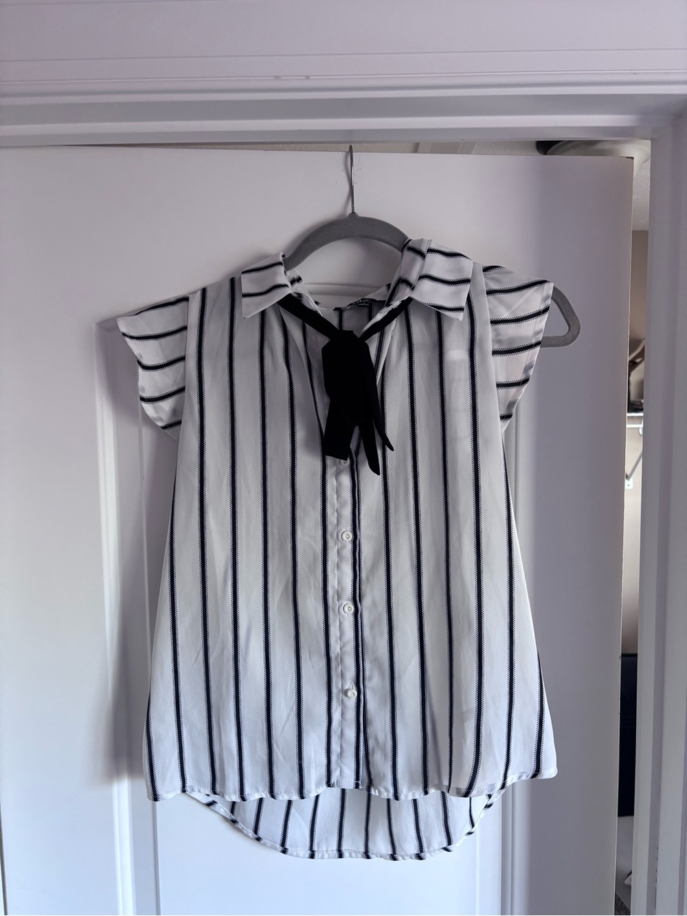 Lulu's Black & White Vertical-Stripe Tie-Neck Blouse